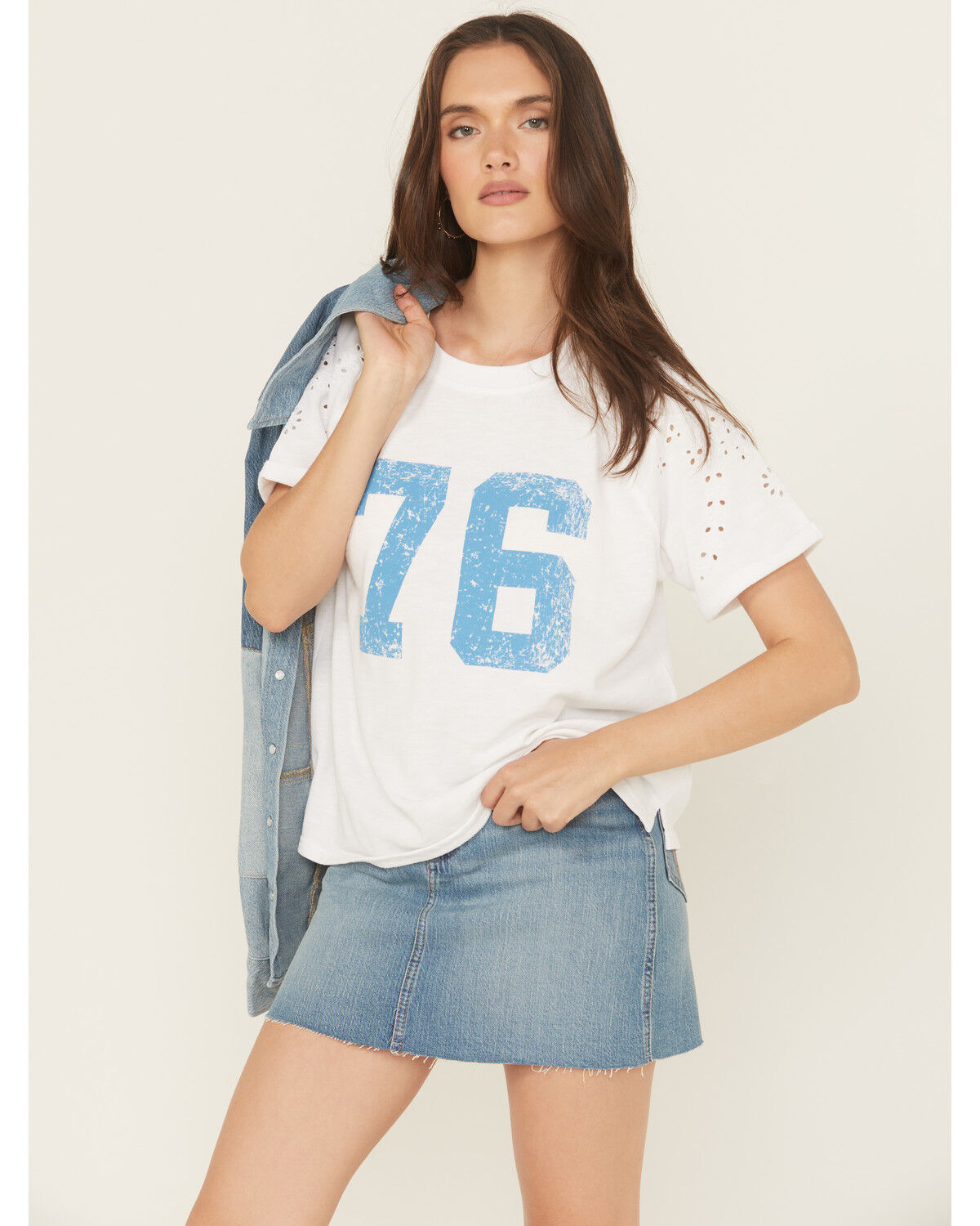 Image #1 - Blended Women's Eyelet Embroidered Short Sleeve Graphic Tee, White, hi-res
