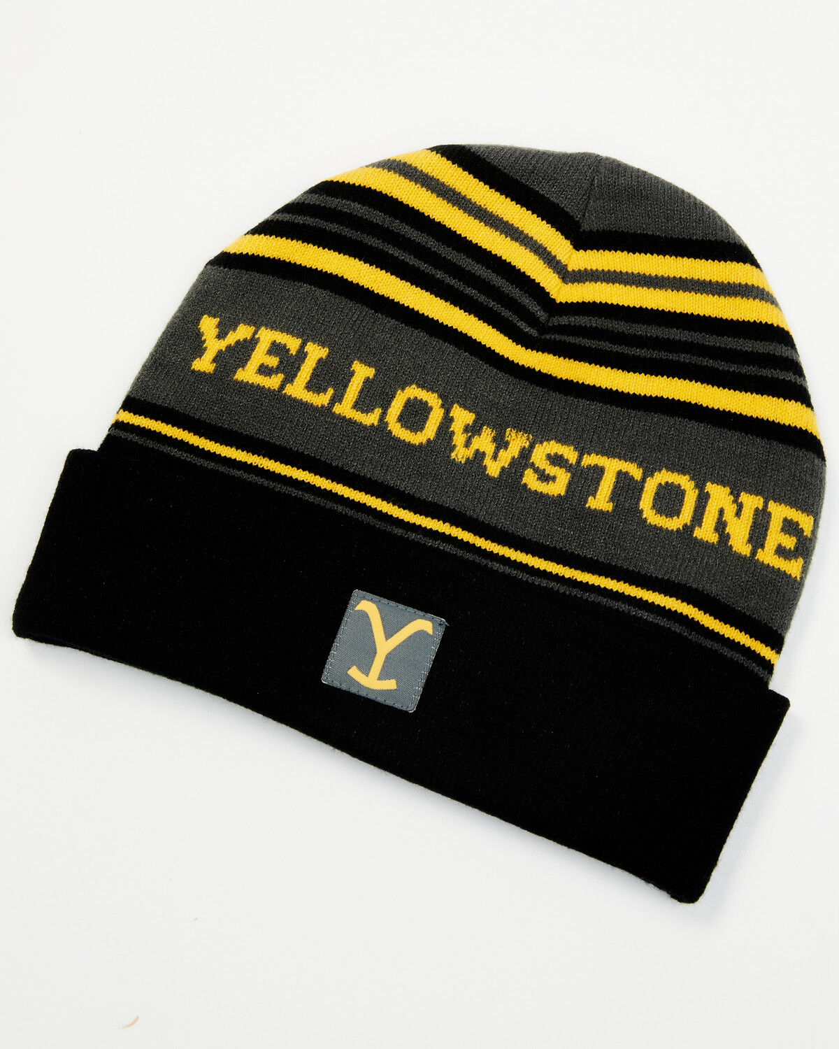 Image #1 - Paramount Network's Yellowstone Striped Print Dutton Ranch Patch Work Beanie, Black, hi-res