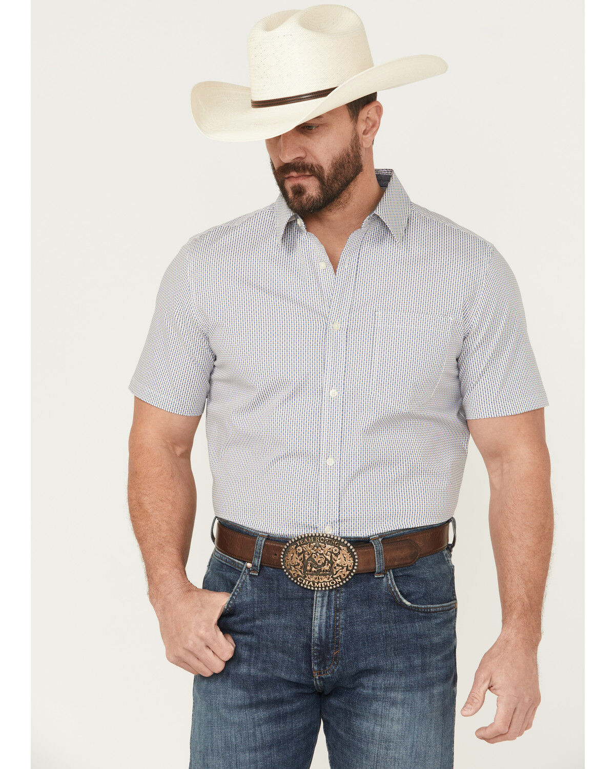 Image #1 - Cody James Men's Salt Lake Geo Print Short Sleeve Button-Down Stretch Western Shirt, White, hi-res