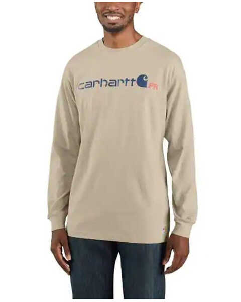 Image #1 - Carhartt Men's FR Force Midweight Logo Long Sleeve Work T-Shirt , Lt Brown, hi-res
