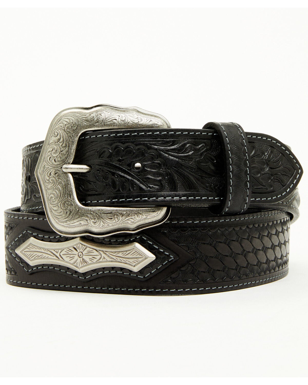 Cody James Men's Concho Tooled Western Belt, Black, hi-res