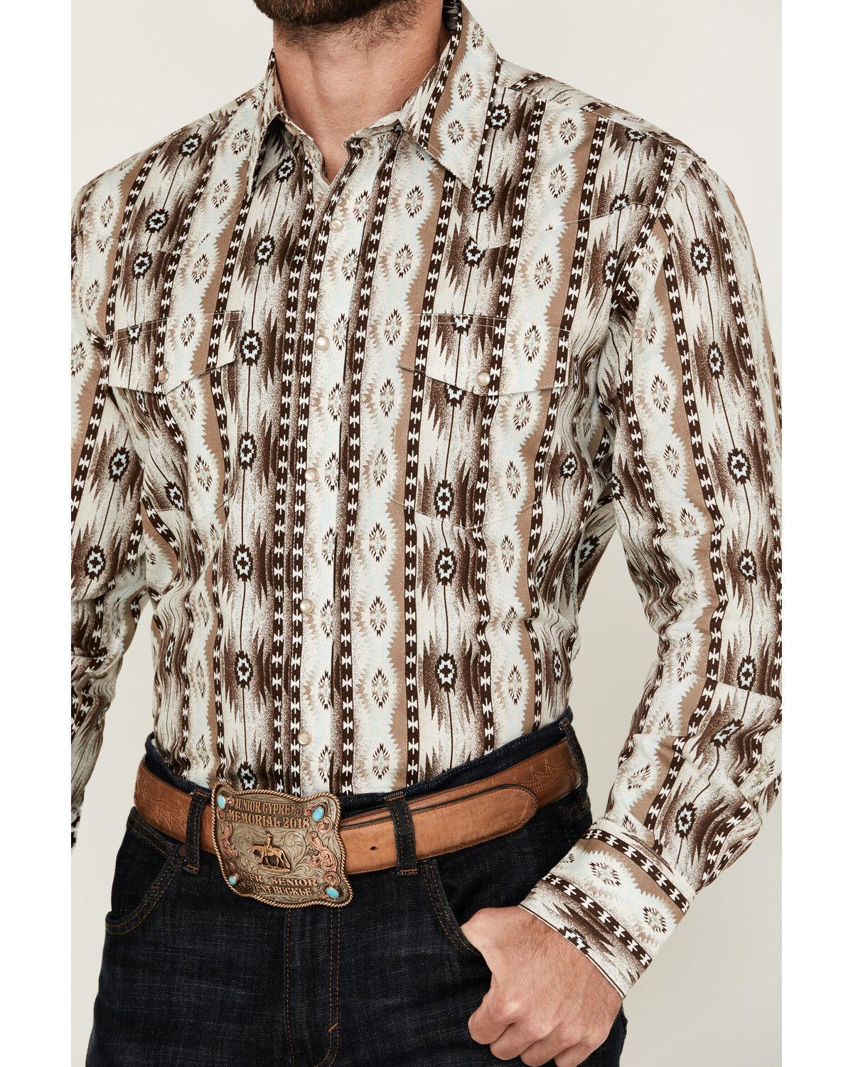 Image #3 - Wrangler Men's Checotah Southwestern Print Long Sleeve Snap Western Shirt, Brown, hi-res