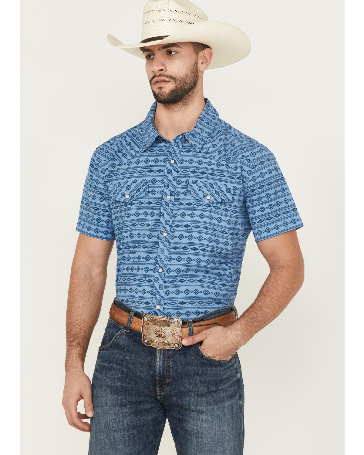 Image #1 - Panhandle Men's Southwestern Print Short Sleeve Snap Performance Western Shirt, Blue, hi-res