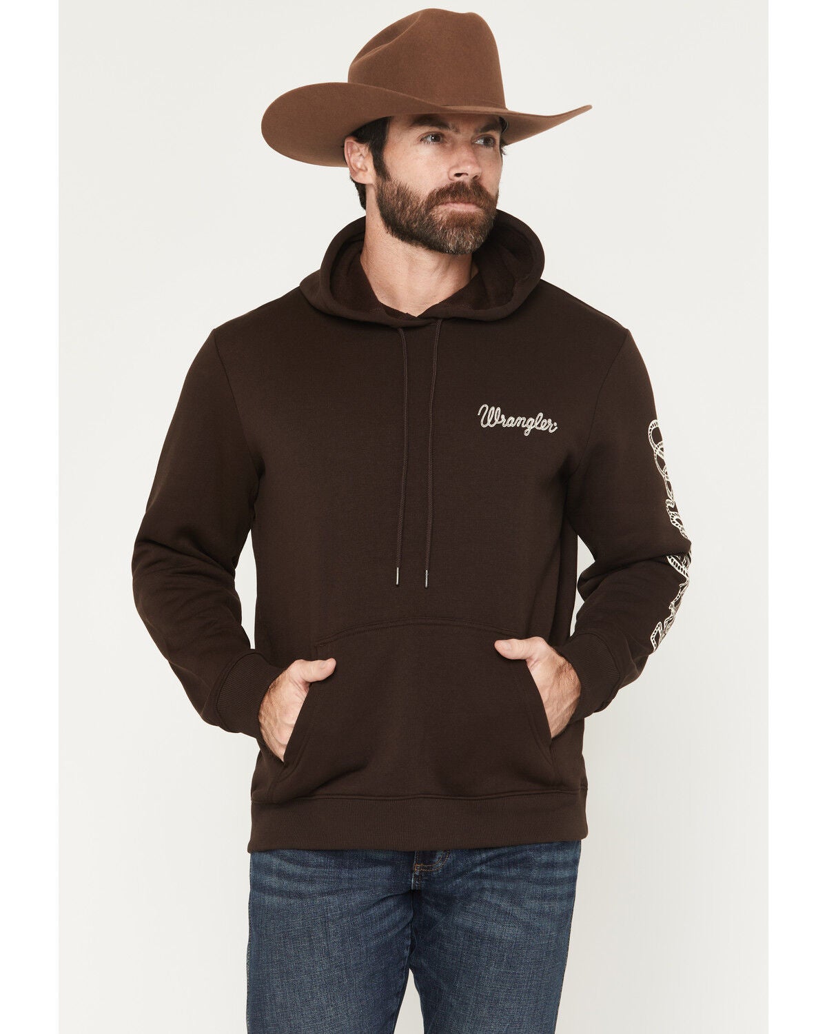 Wrangler Men's Rope Sleeve Logo Hooded Sweatshirt, Dark Brown, hi-res