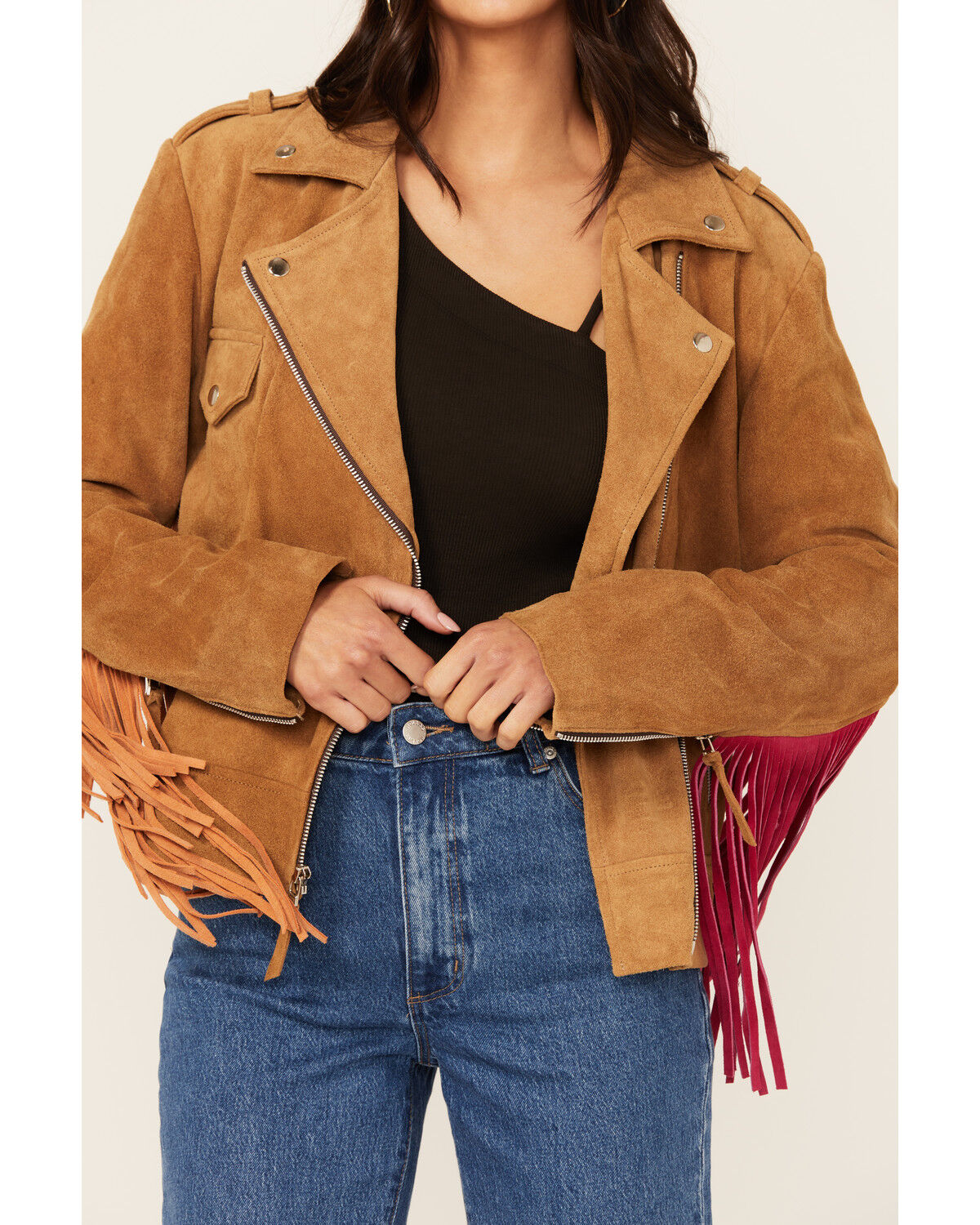 Image #3 - Western & Co Women's Fringe Suede Biker Jacket, Tan, hi-res