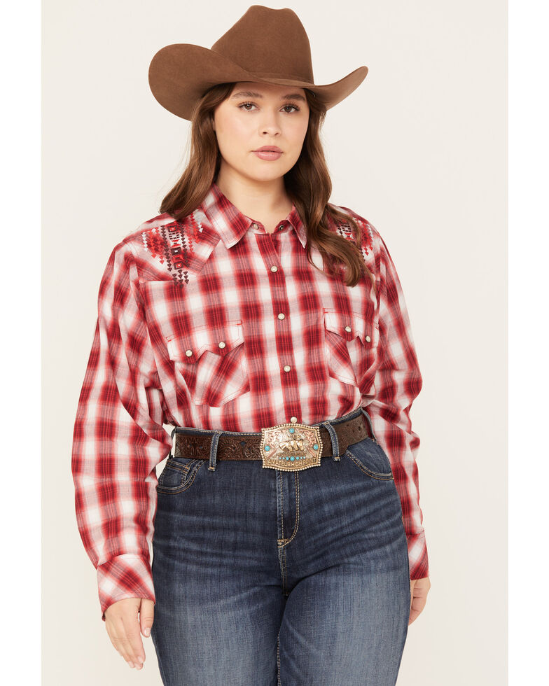 Ariat Women's R.E.A.L. Embroidered Plaid Print Long Sleeve Western Snap Shirt - Plus, Red, hi-res