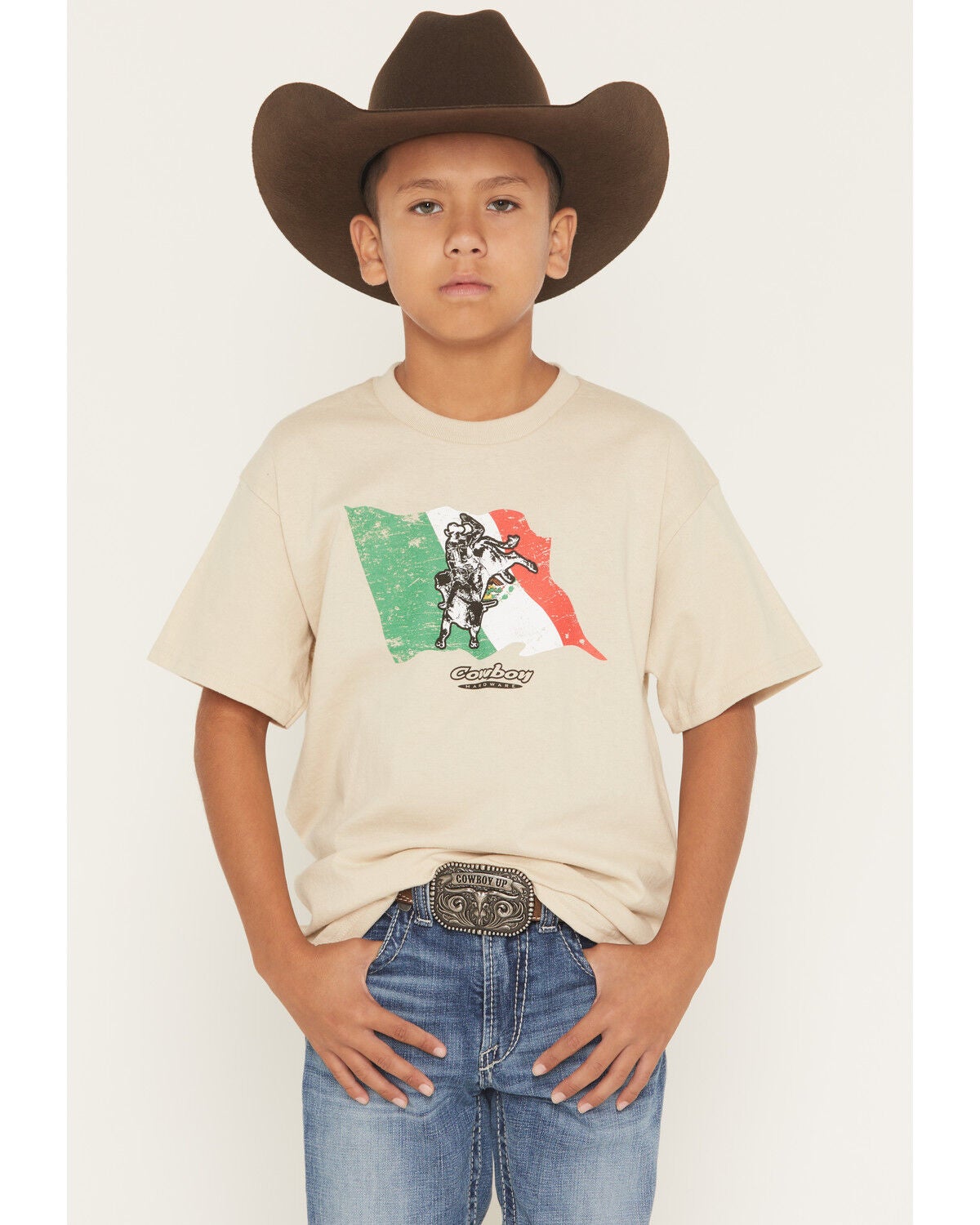 Image #1 - Cowboy Hardware Boys' Bullrider Mexican Flag Short Sleeve Graphic T-Shirt, Sand, hi-res