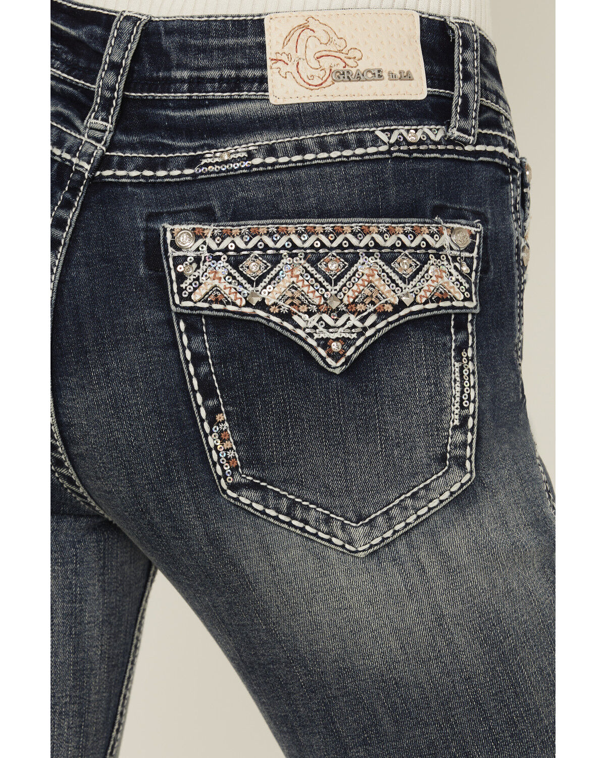 Image #2 - Grace in LA Women's Medium Wash Mid Rise Geo Pocket Bootcut Stretch Denim Jeans, Medium Wash, hi-res