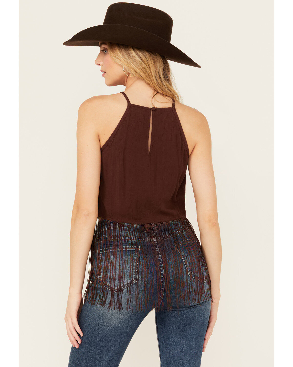 Image #4 - Shyanne Women's Embroidered Fringe Hem Crinkle Top, Dark Brown, hi-res