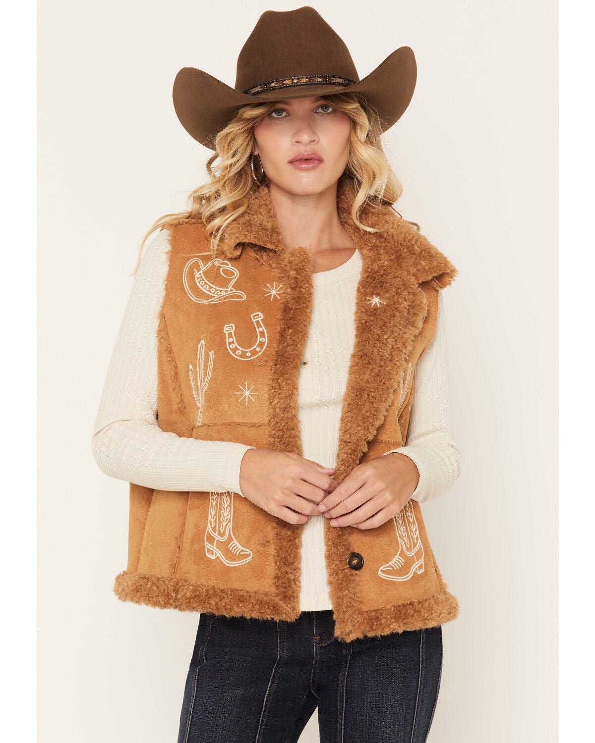 Blue B Women's Embroidered Faux Fur Vest, Camel, hi-res