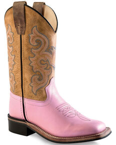 Old West Girls' Pink and Brown Leather Boots - Square Toe , Pink, hi-res