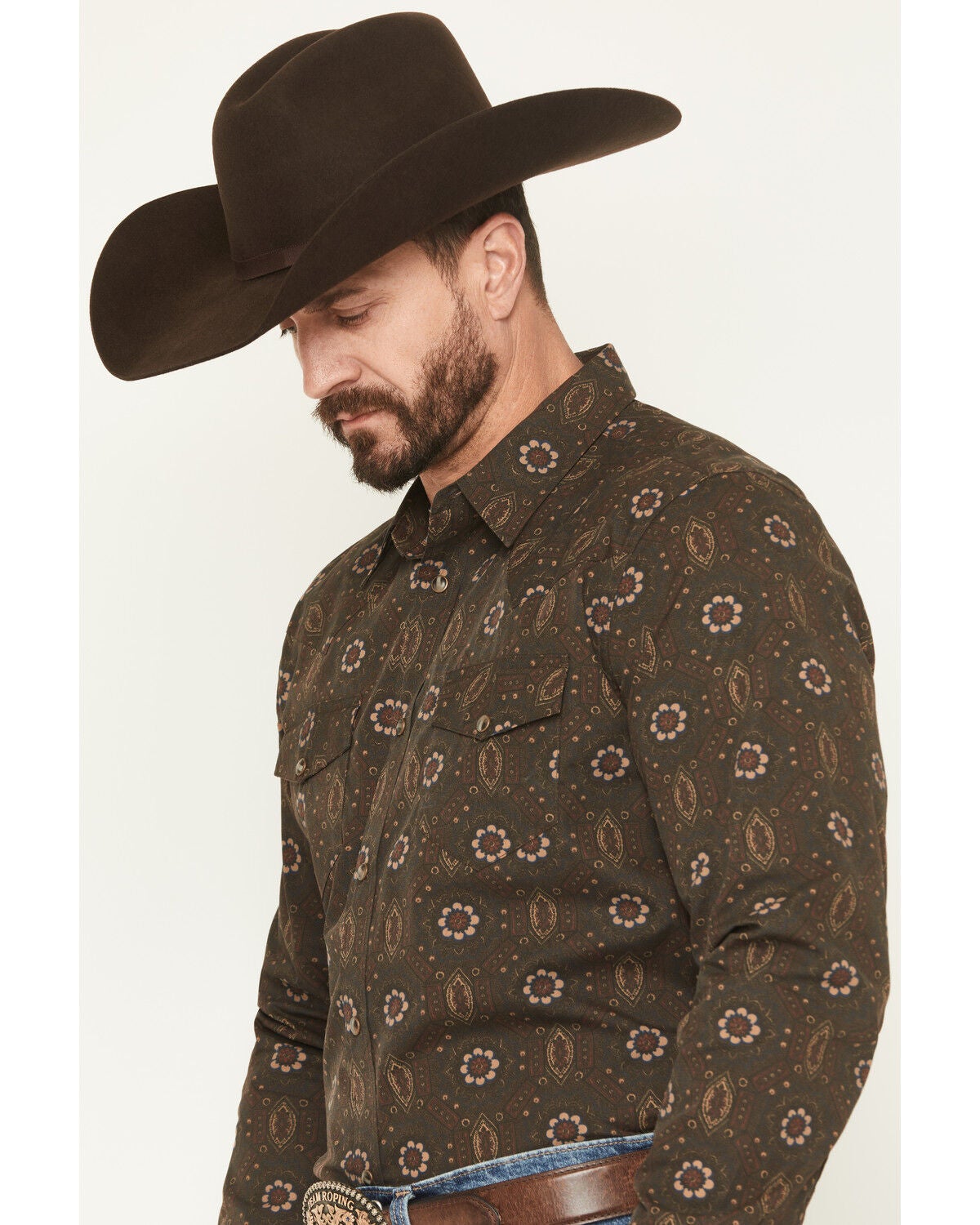 Image #2 - Gibson Trading Co Men's Bourbon Street Medallion Print Long Sleeve Snap Stretch Western Shirt - Big, Brown, hi-res