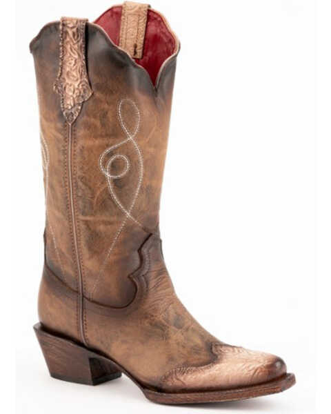 Image #1 - Ferrini Women's Madison Tooled Western Boots - Snip Toe , Brown, hi-res