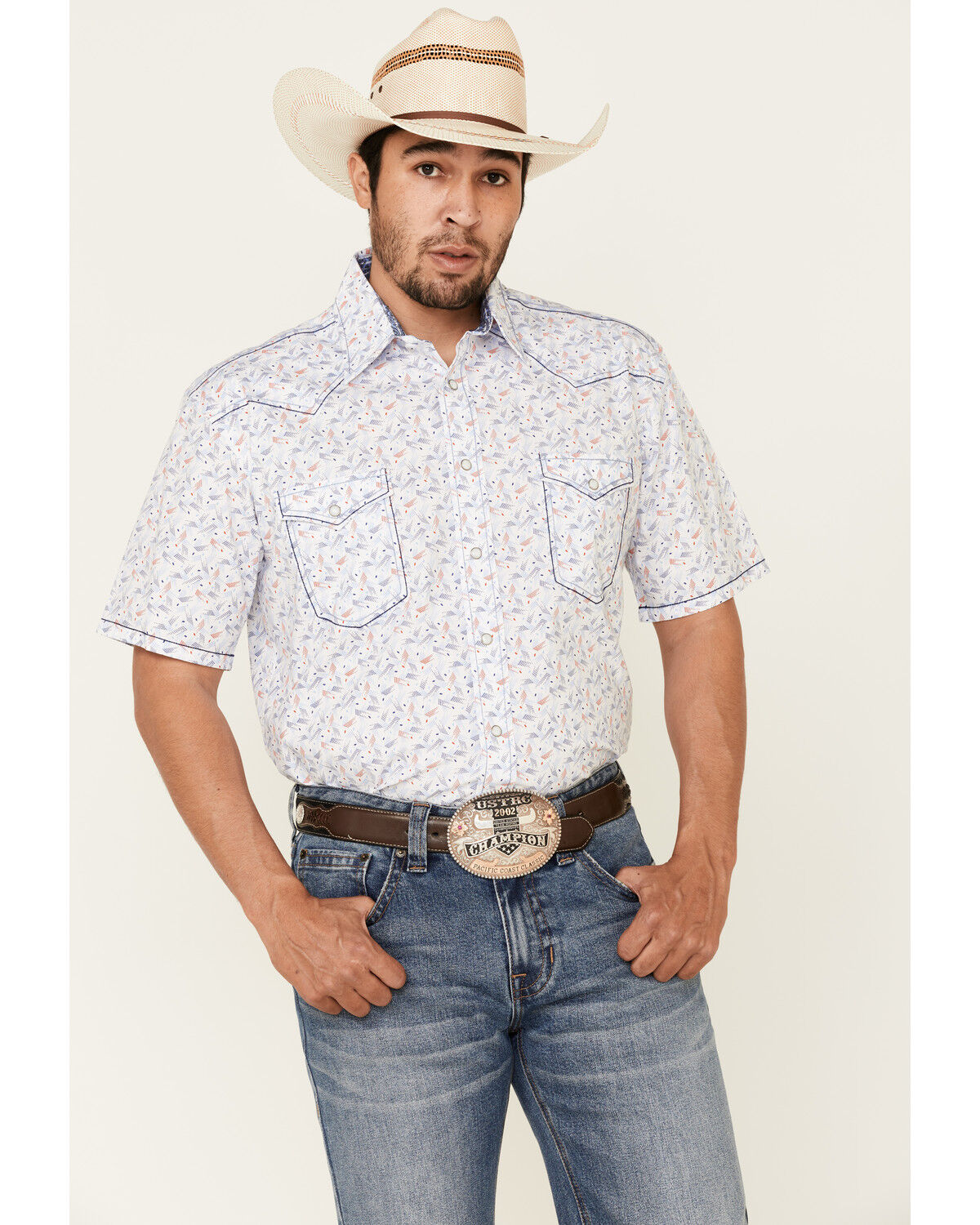 Image #1 - Rough Stock By Panhandle Royal Americana Print Short Sleeve Western Shirt, Royal Blue, hi-res