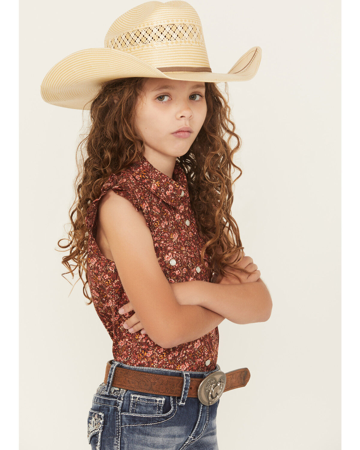 Image #3 - Shyanne Girls' Ditsy Floral Print Ruffle Sleeve Snap Stretch Western Shirt, Mahogany, hi-res