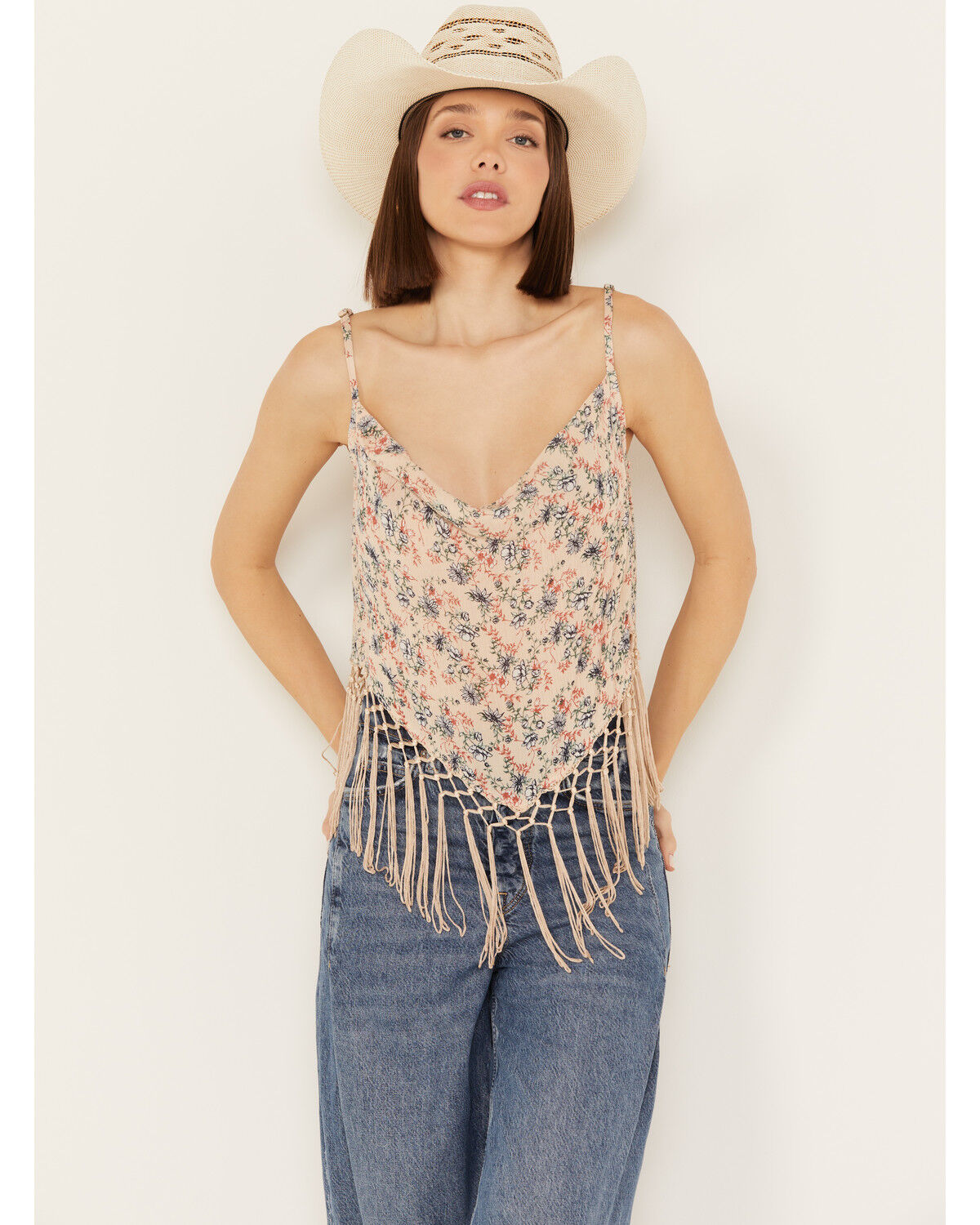 Image #1 - Rock & Roll Denim Women's Floral Fringe Sleeveless Tank, , hi-res