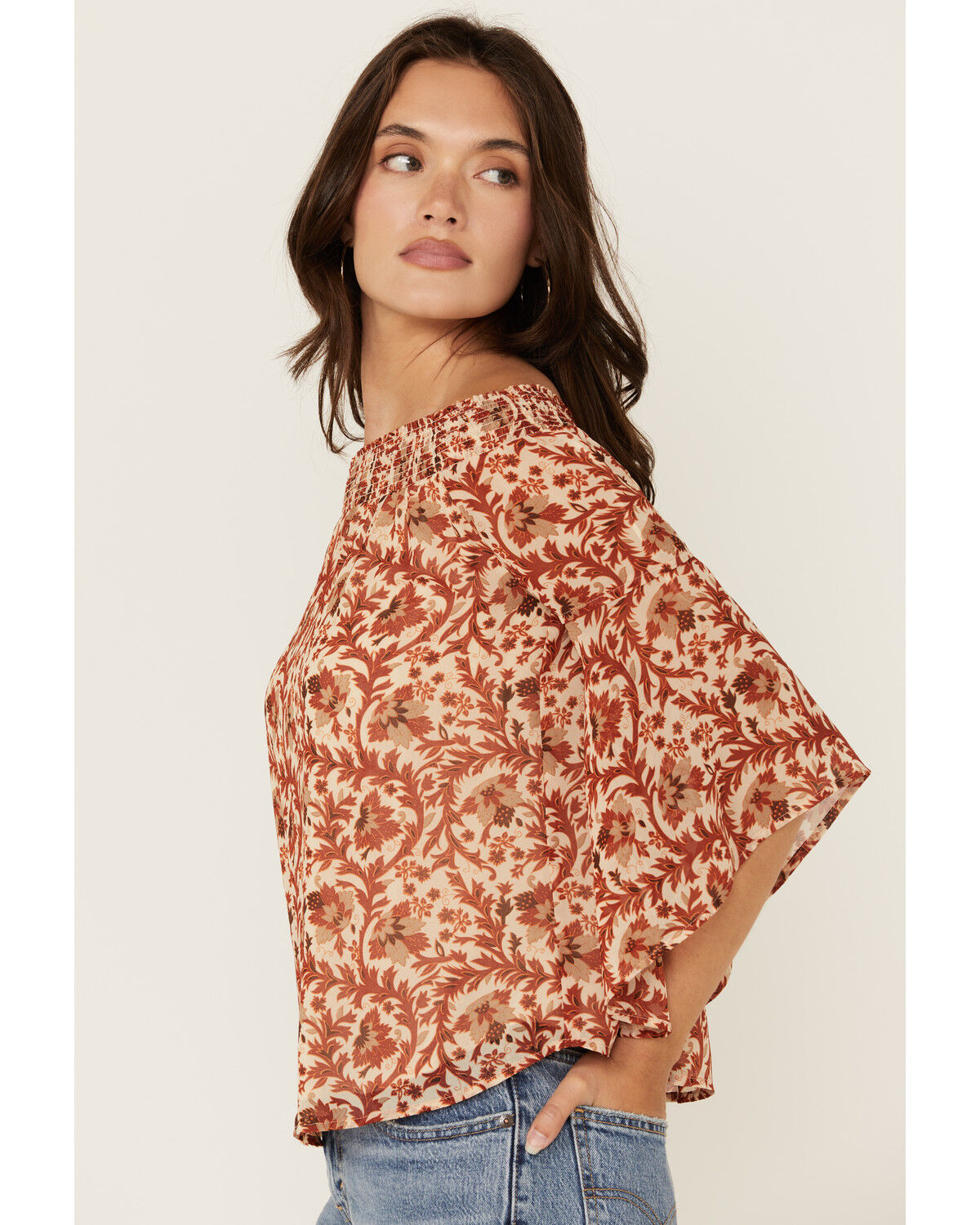 Image #2 - Shyanne Women's Floral Print Off The Shoulder Long Sleeve Blouse, Taupe, hi-res
