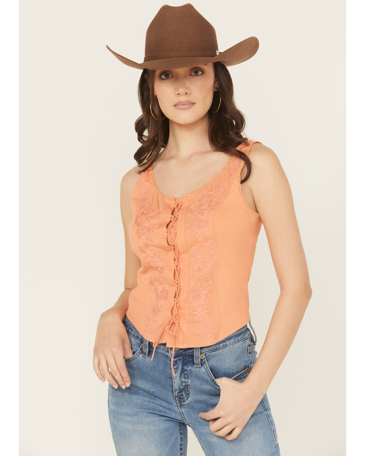 Image #1 - Rock & Roll Denim Women's Embroidered Corset Tank, Orange, hi-res