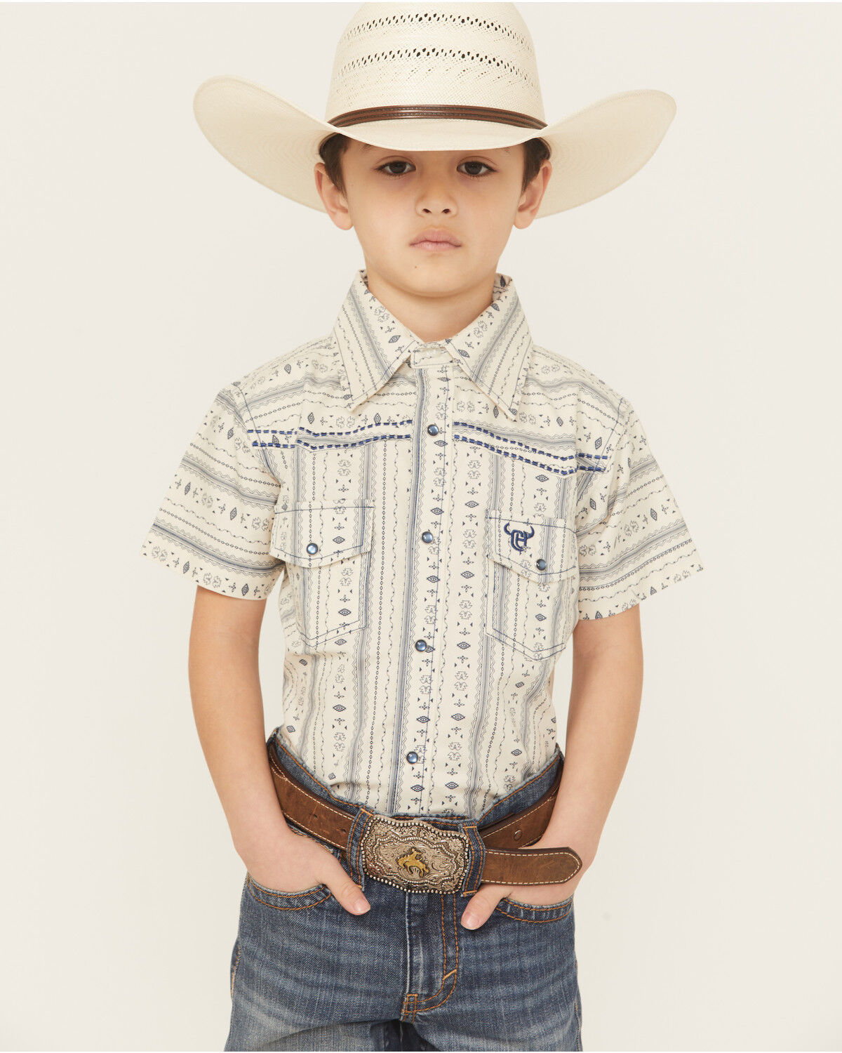 Image #1 - Cowboy Hardware Boys' Stripe Southwestern Print Short Sleeve Snap Stretch Western Shirt, Cream, hi-res