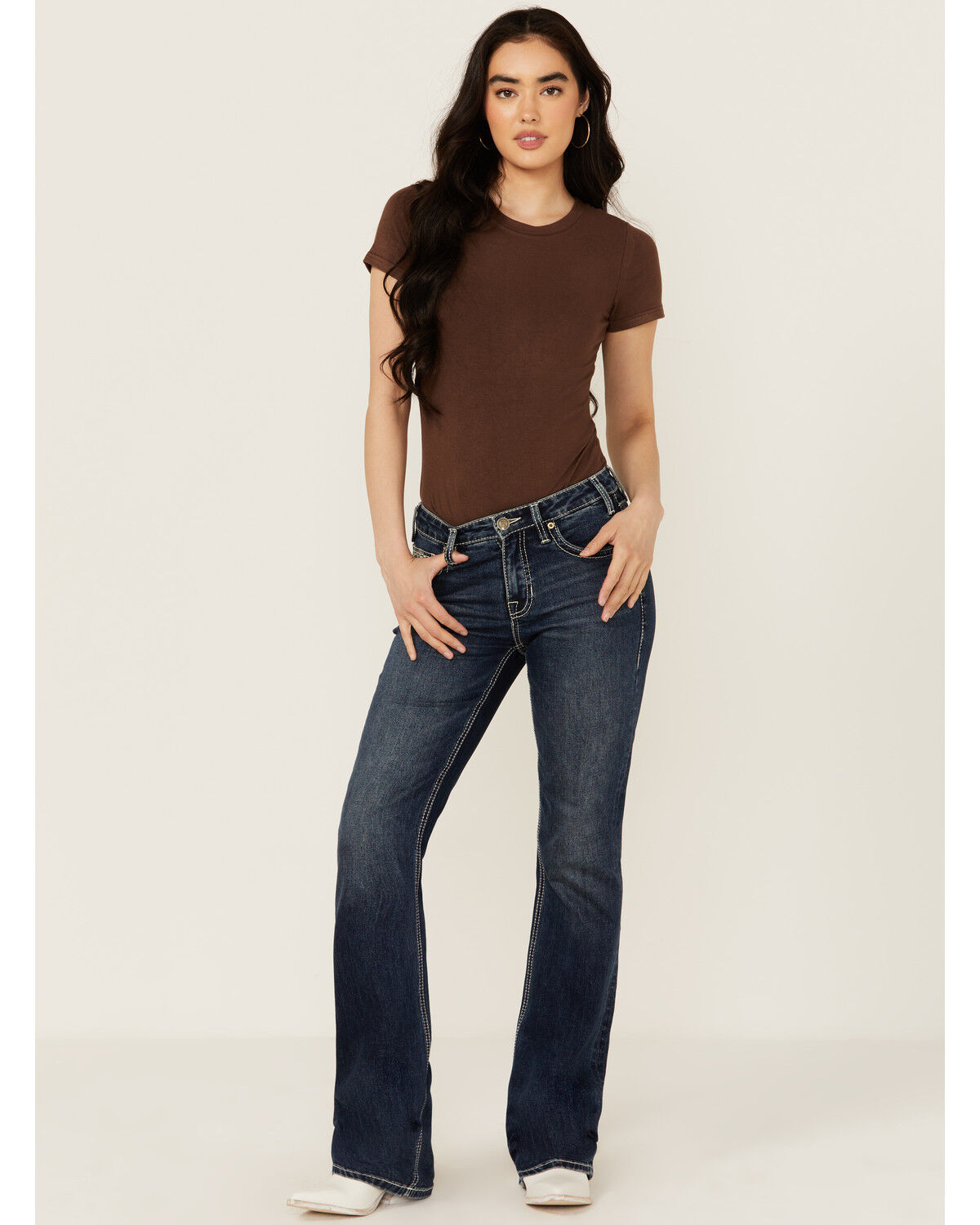 Image #3 - Rock & Roll Denim Women's Dark Wash Mid Rise Geo Pocket Bootcut Stretch Denim Jeans, Dark Wash, hi-res