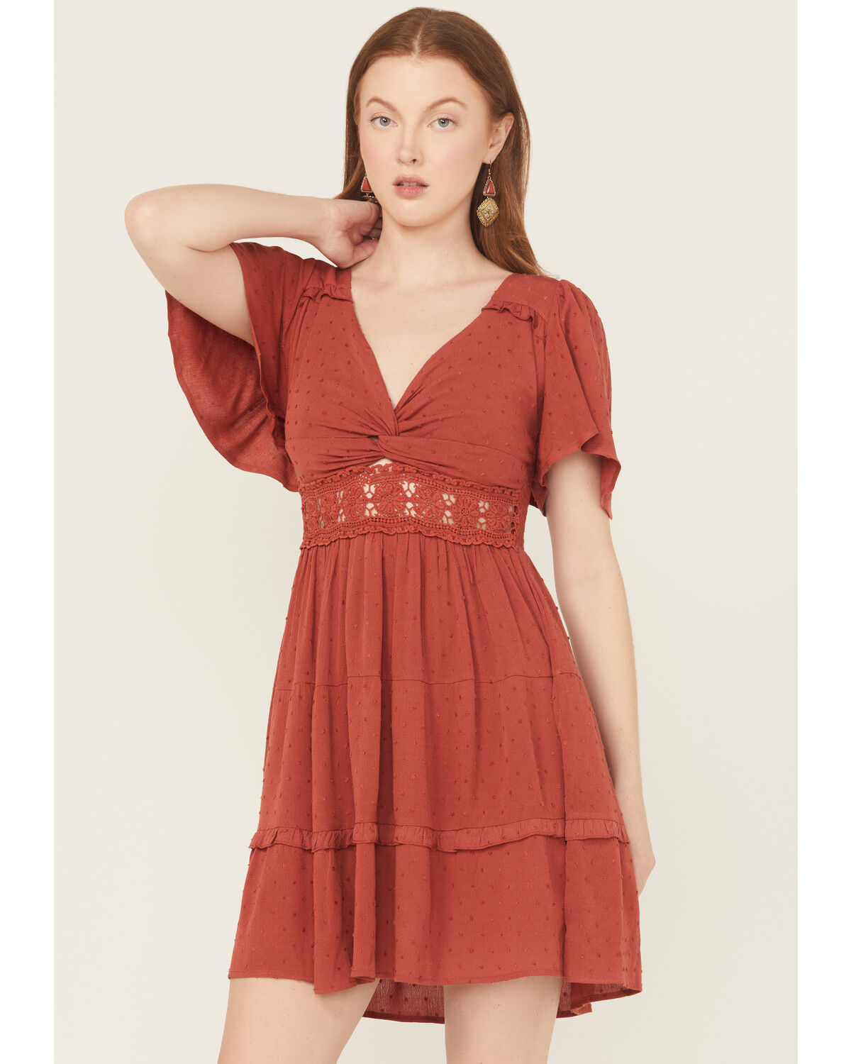 Image #2 - Wild Moss Women's Crochet Inset Twist Front Short Sleeve Mini Dress, Rust Copper, hi-res