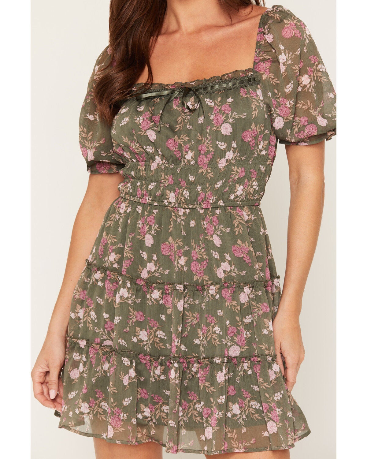 Image #3 - Trixxi Women's Floral Print Short Sleeve Mini Dress, Green, hi-res
