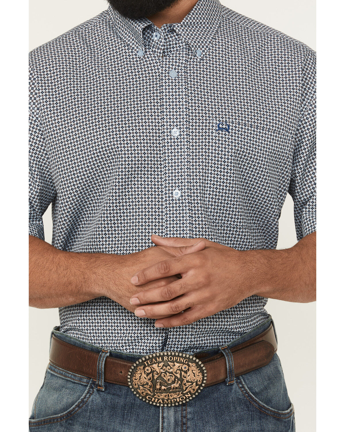 Image #3 - Cinch Men's Geo Print Short Sleeve Button-Down Performance Western Shirt, Light Blue, hi-res