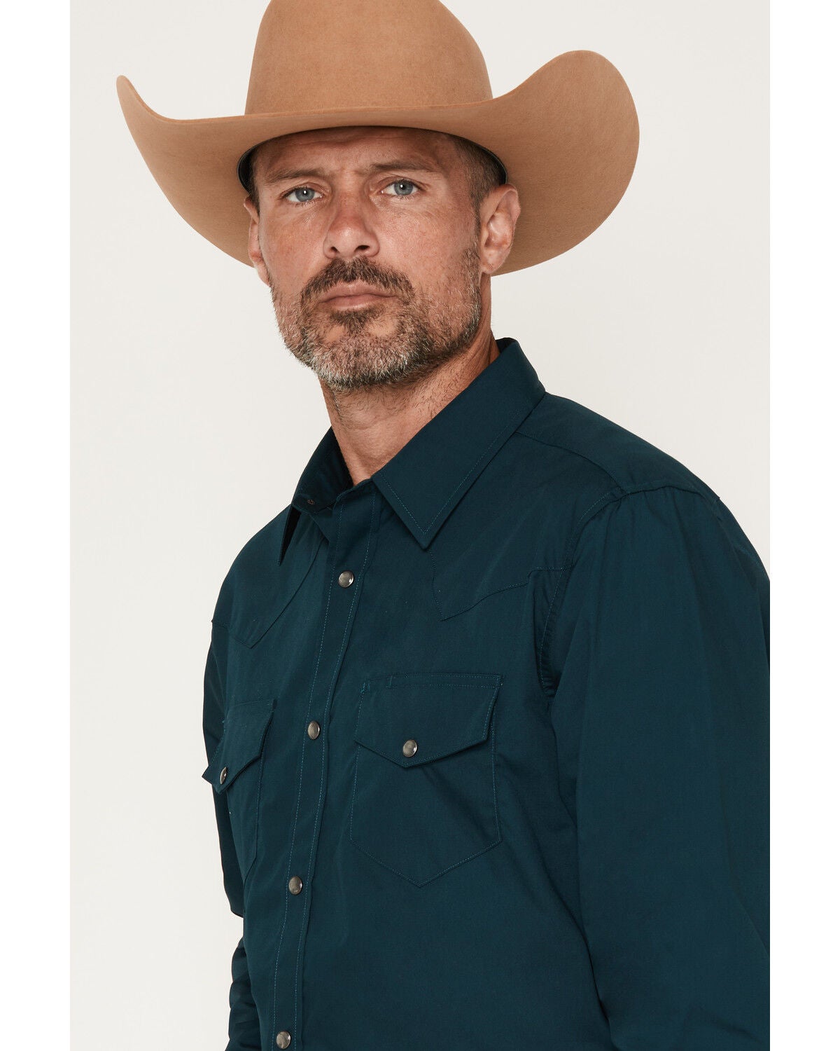 Image #2 - Gibson Trading Co Men's Basic Solid Long Sleeve Pearl Snap Western Shirt, Dark Teal, hi-res