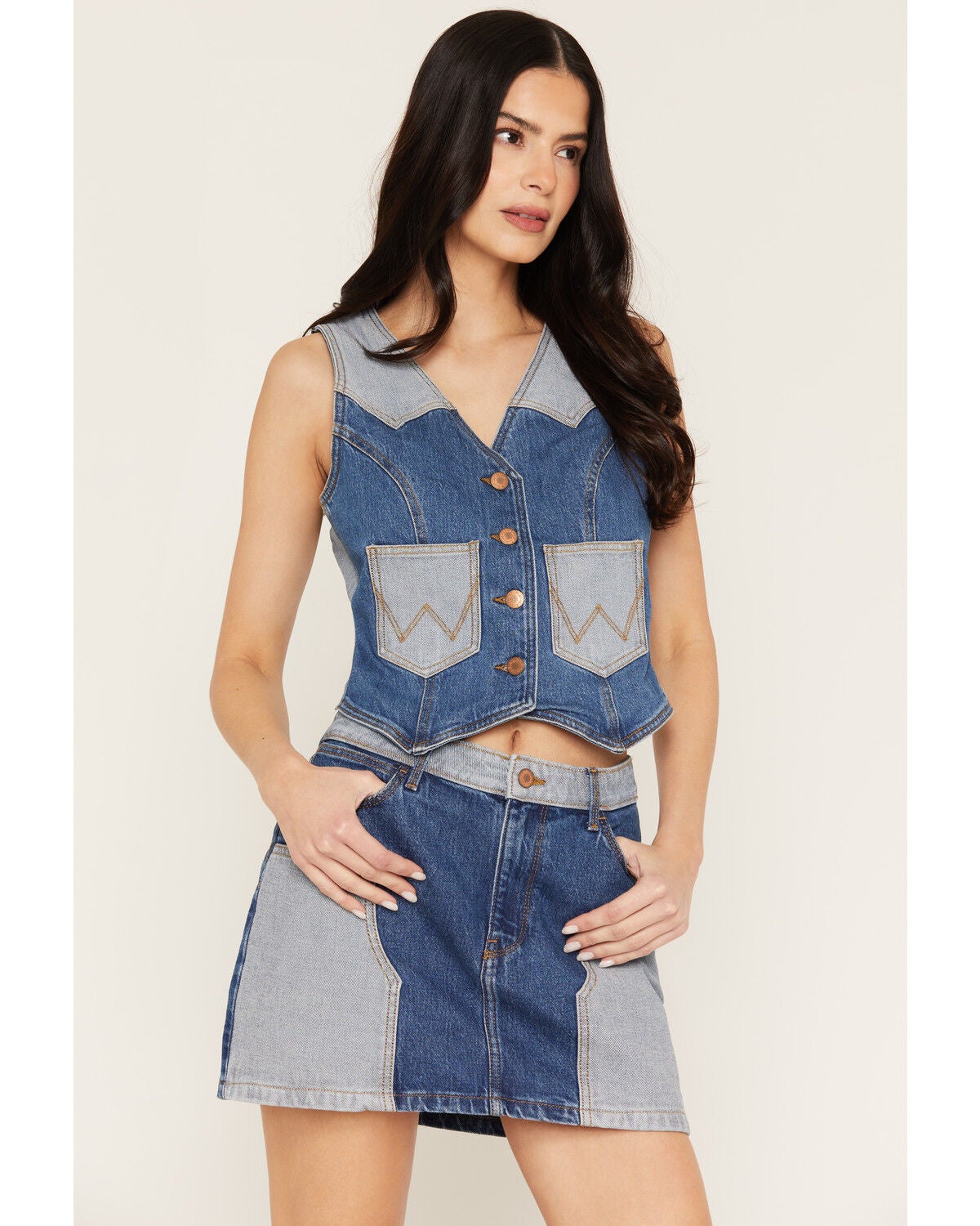 Image #1 - Wrangler Women's Two Tone Sleeveless Button-Down Denim Vest, Blue, hi-res