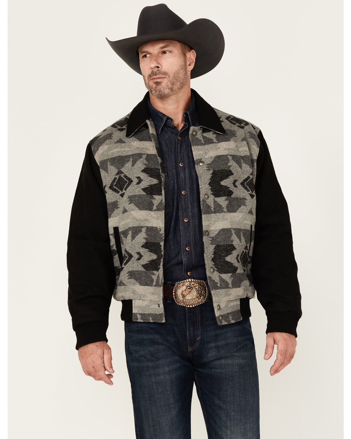 Cripple Creek Men's Southwestern Print Wool Bomber Jacket, Black, hi-res