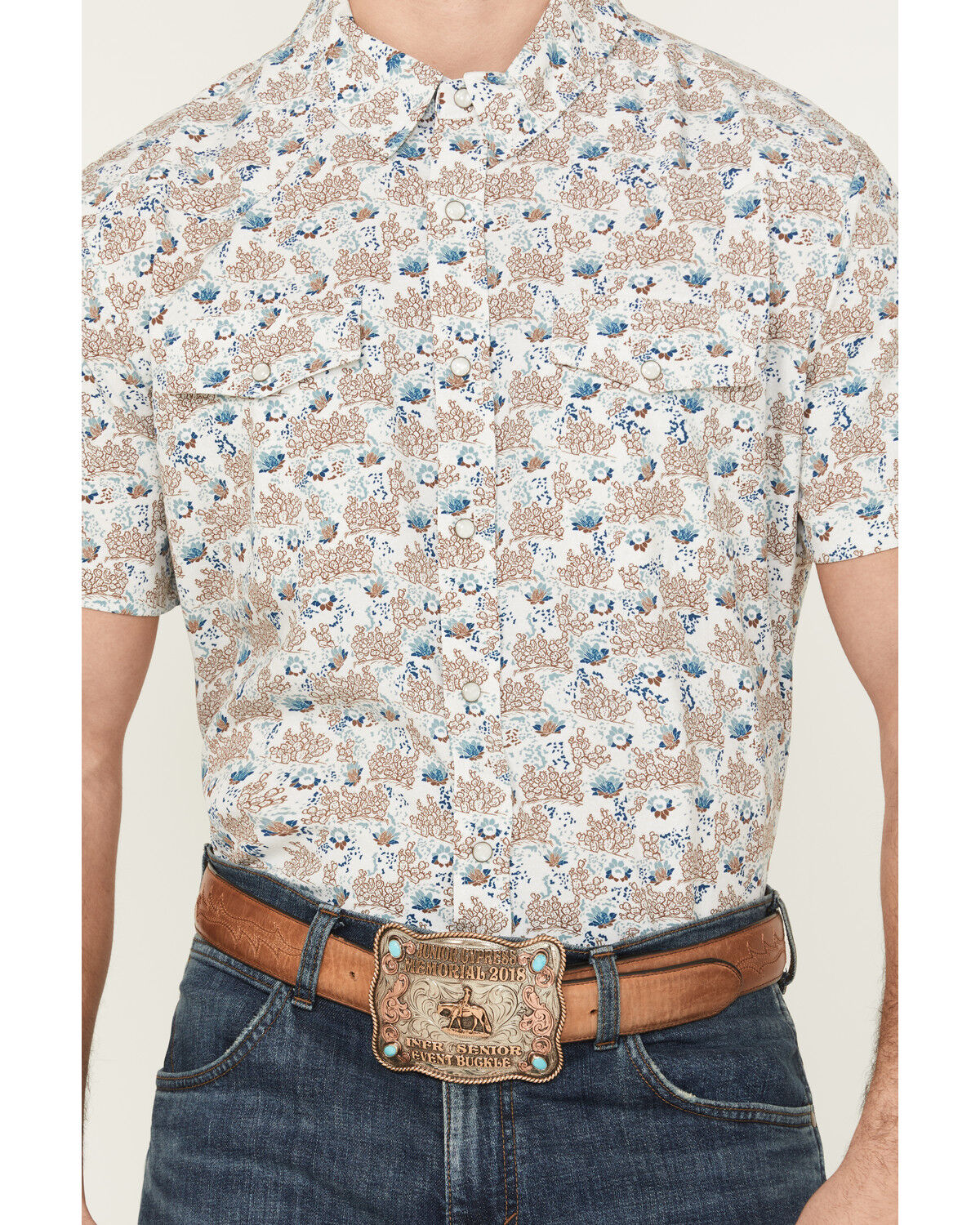 Image #3 - Panhandle Men's Cactus Print Short Sleeve Snap Western Shirt, Natural, hi-res