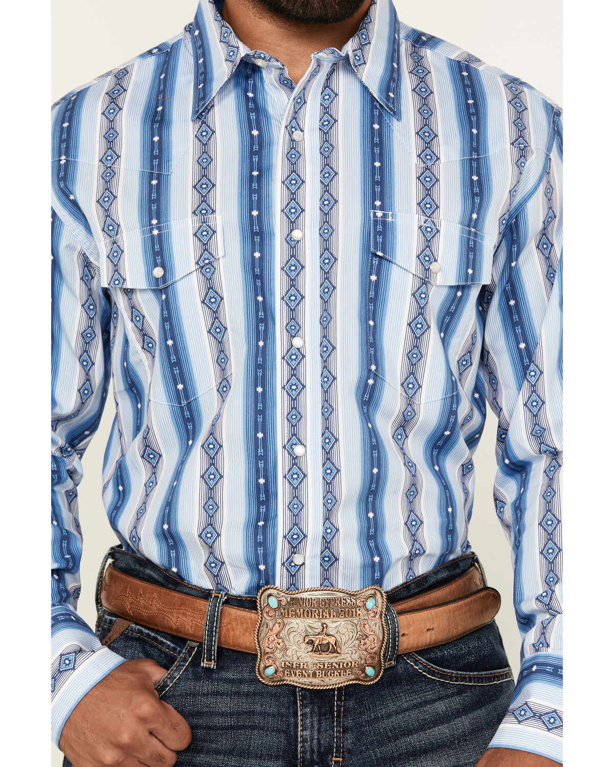 Image #3 - Wrangler Men's Checotah Southwestern Print Long Sleeve Snap Western Shirt - Tall, Blue, hi-res