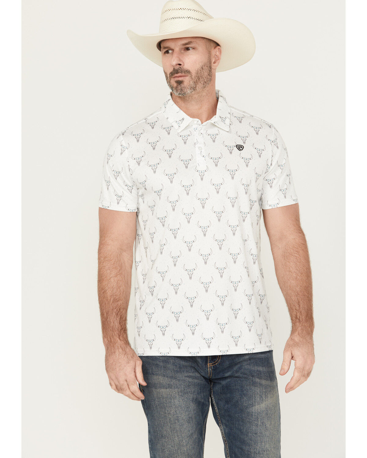 Image #1 - Rock & Roll Denim Men's Longhorn Print Short Sleeve Button-Down Polo, White, hi-res