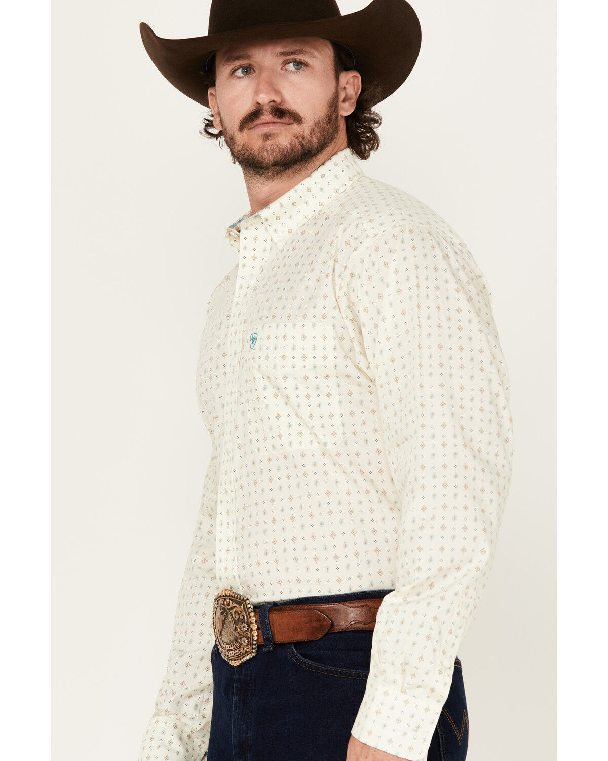 Image #2 - Ariat Men's Wrinkle Free Griffin Geo Print Long Sleeve Button-Down Western Shirt - Big, Cream, hi-res