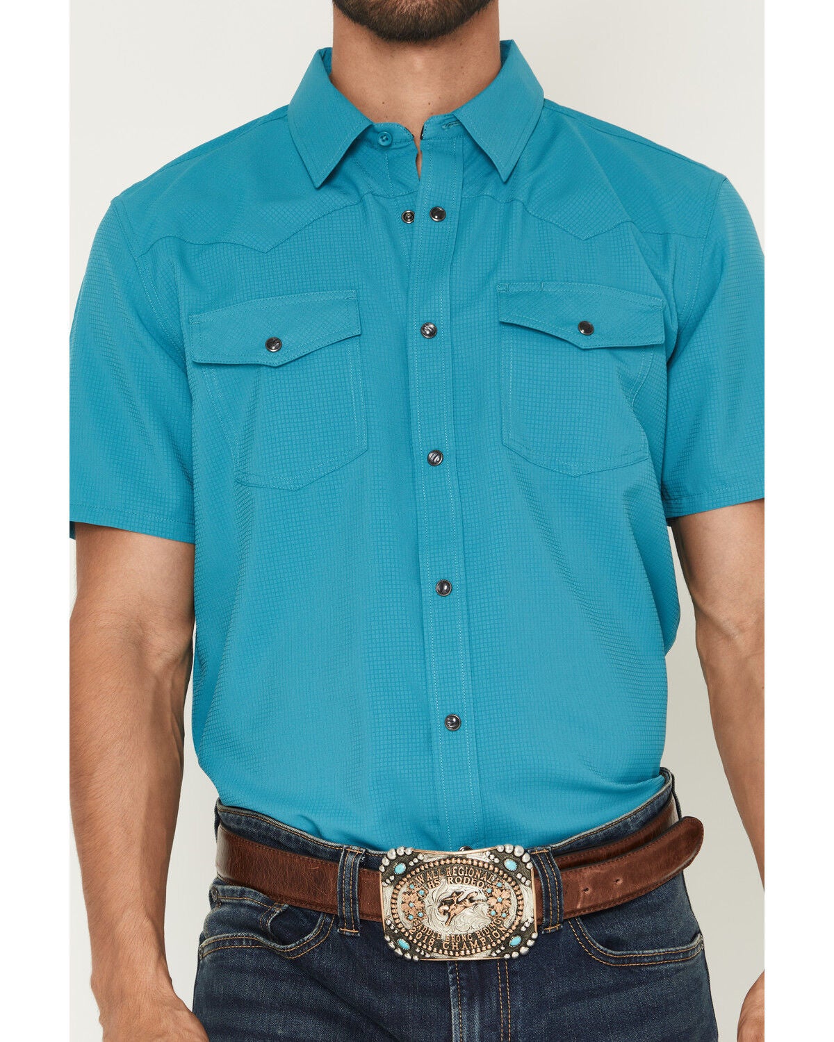 Image #3 - RANK 45&reg; Men's Ridge Solid Short Sleeve Snap Performance Shirt, Teal, hi-res