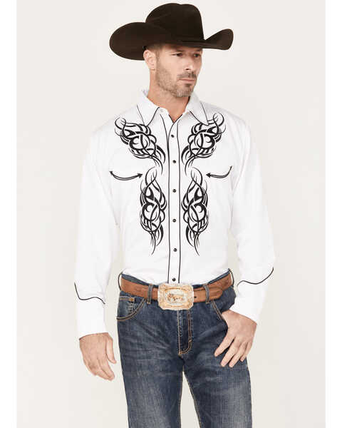 Scully Men's Embroidered Long Sleeve Snap Western Shirt, White, hi-res