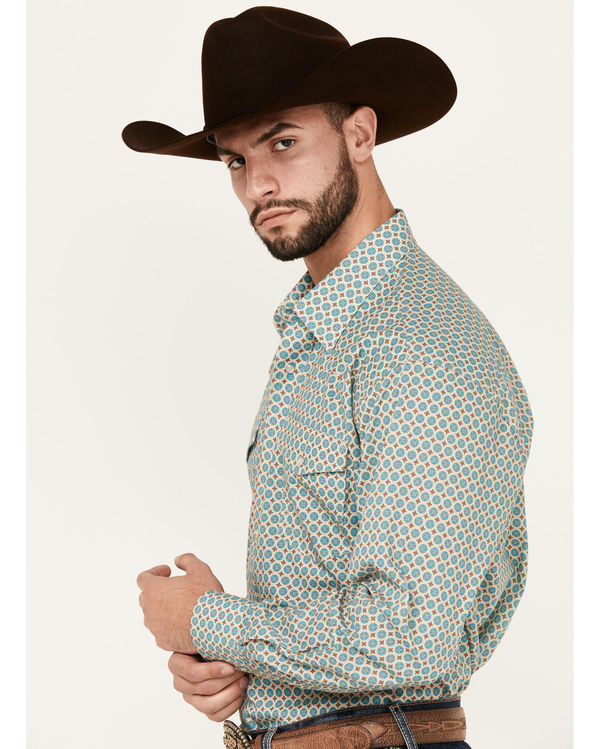 Image #2 - Roper Men's Amarillo Geo Print Long Sleeve Pearl Snap Western Shirt, Teal, hi-res