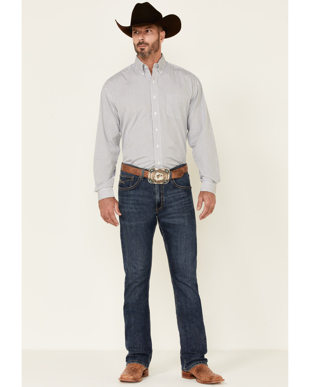 Image #2 - Stetson Men's Small Check Plaid Print Long Sleeve Button Down Western Shirt, Blue, hi-res