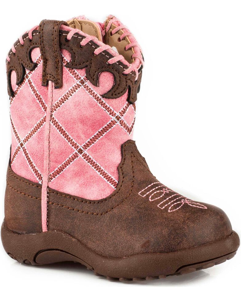 Roper Infant Girls' Cowbaby Diamond Whipstitch Pre-Walker Cowgirl Boots - Round Toe, Pink, hi-res