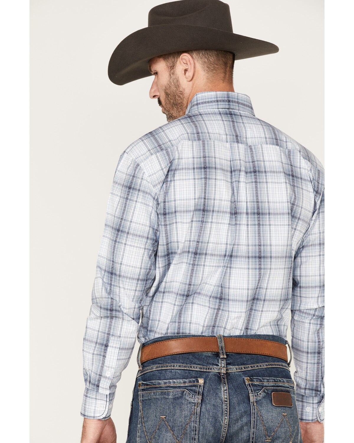 Image #4 - Rough Stock by Panhandle Men's Dobby Plaid Print Long Sleeve Button Down Shirt, Navy, hi-res
