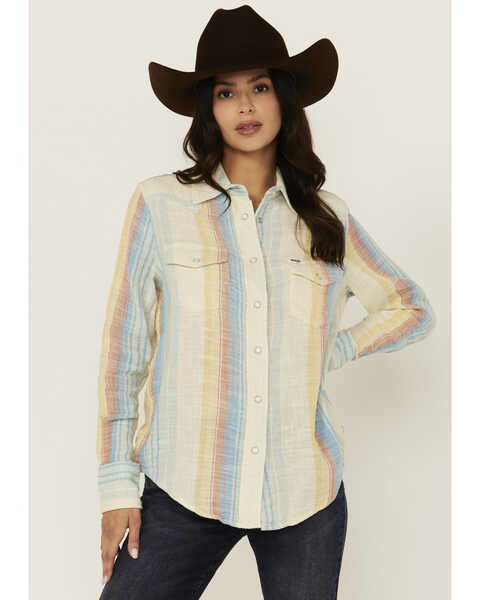 Wrangler Women's Striped Print Long Sleeve Snap Western Shirt , Multi, hi-res