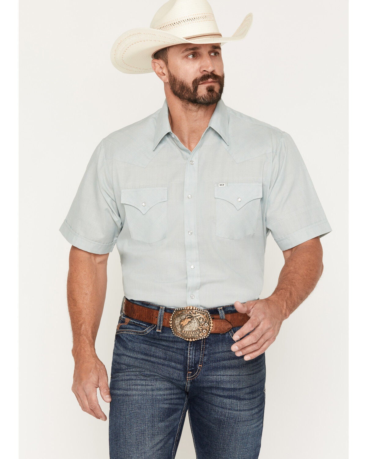 Image #1 - Ely Walker Men's Chambray Solid Short Sleeve Pearl Snap Western Shirt, Aqua, hi-res