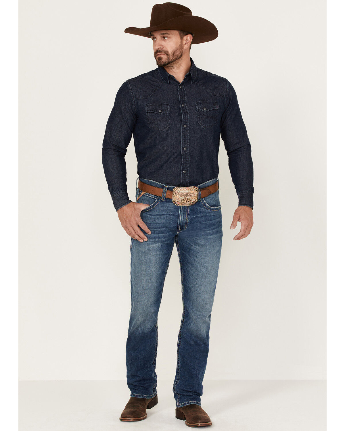 Image #1 - Ariat Men's M4 Marshall Walden Medium Wash Stretch Realxed Straight Jeans, Blue, hi-res