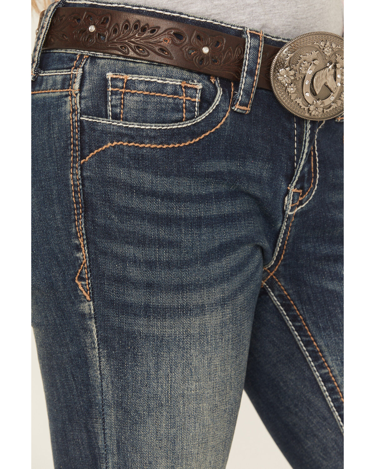 Image #4 - Grace in LA Girls' Medium Wash Floral Butterfly Pocket Bootcut Stretch Denim Jeans, Blue, hi-res
