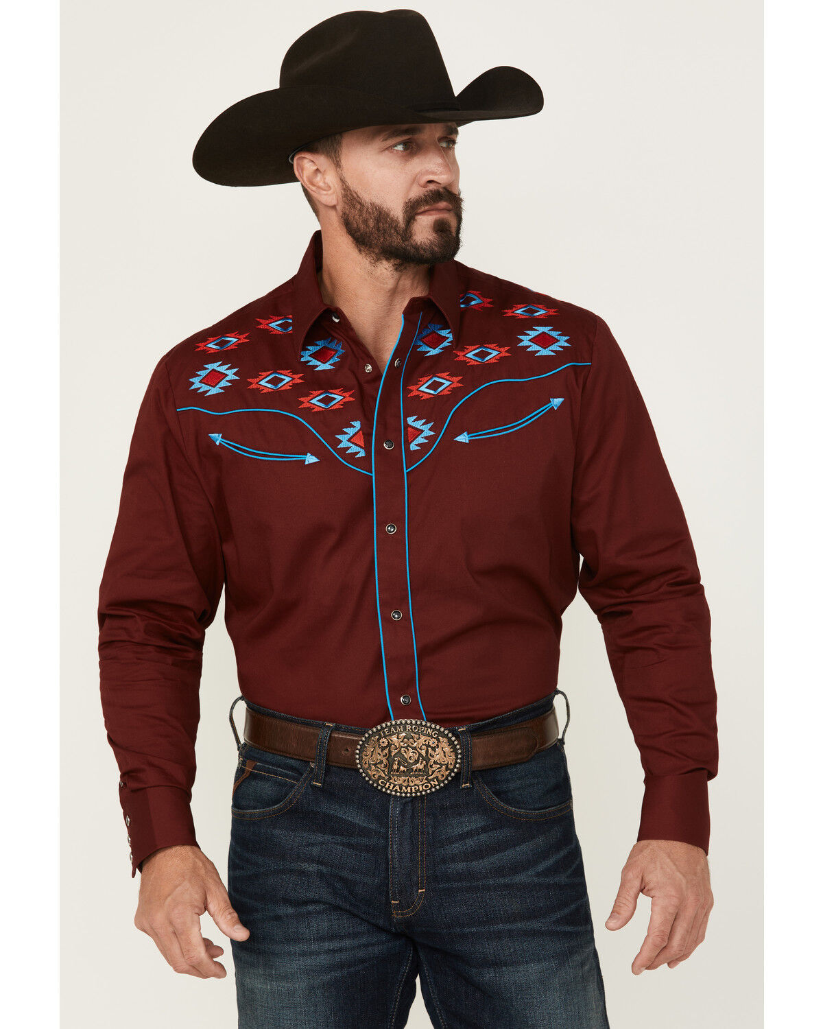 Image #1 - Rodeo Clothing Men's Embroidered Yoke Long Sleeve Snap Western Shirt, Burgundy, hi-res