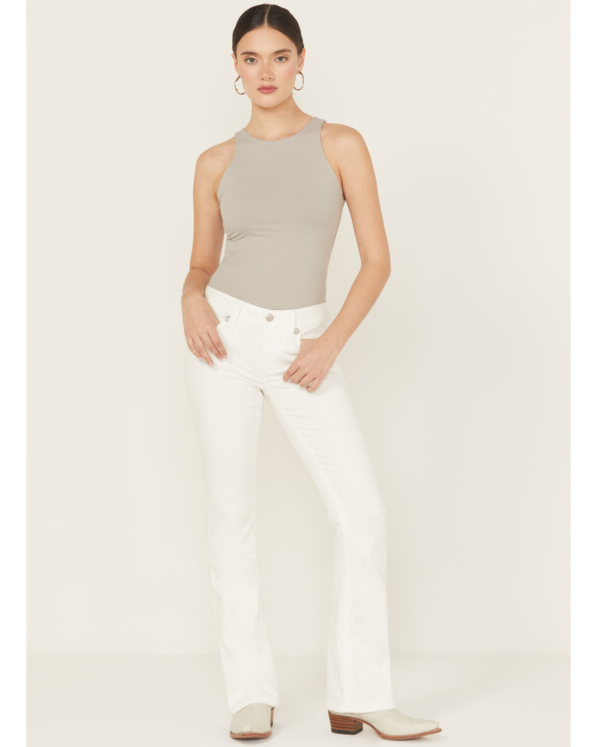 Image #3 - Miss Me Women's Mid Rise Wing Pocket Bootcut Stretch Denim Jeans, White, hi-res