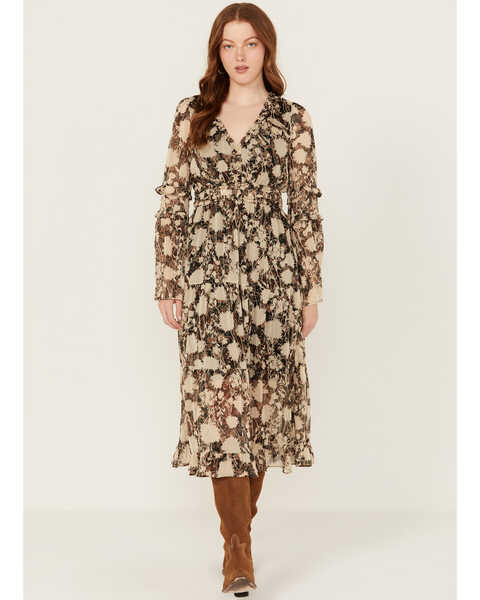 Image #1 - Miss Me Women's Floral Print Long Sleeve Midi Dress, Black, hi-res