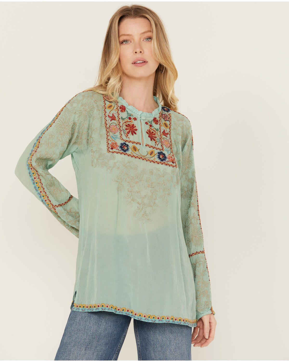 Image #1 - Johnny Was Women's Floral Embroidered Long Sleeve Shirt, Teal, hi-res