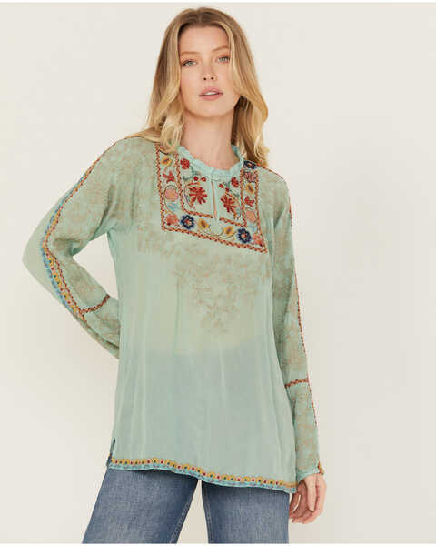 Johnny Was Women's Floral Embroidered Long Sleeve Shirt , Teal, hi-res
