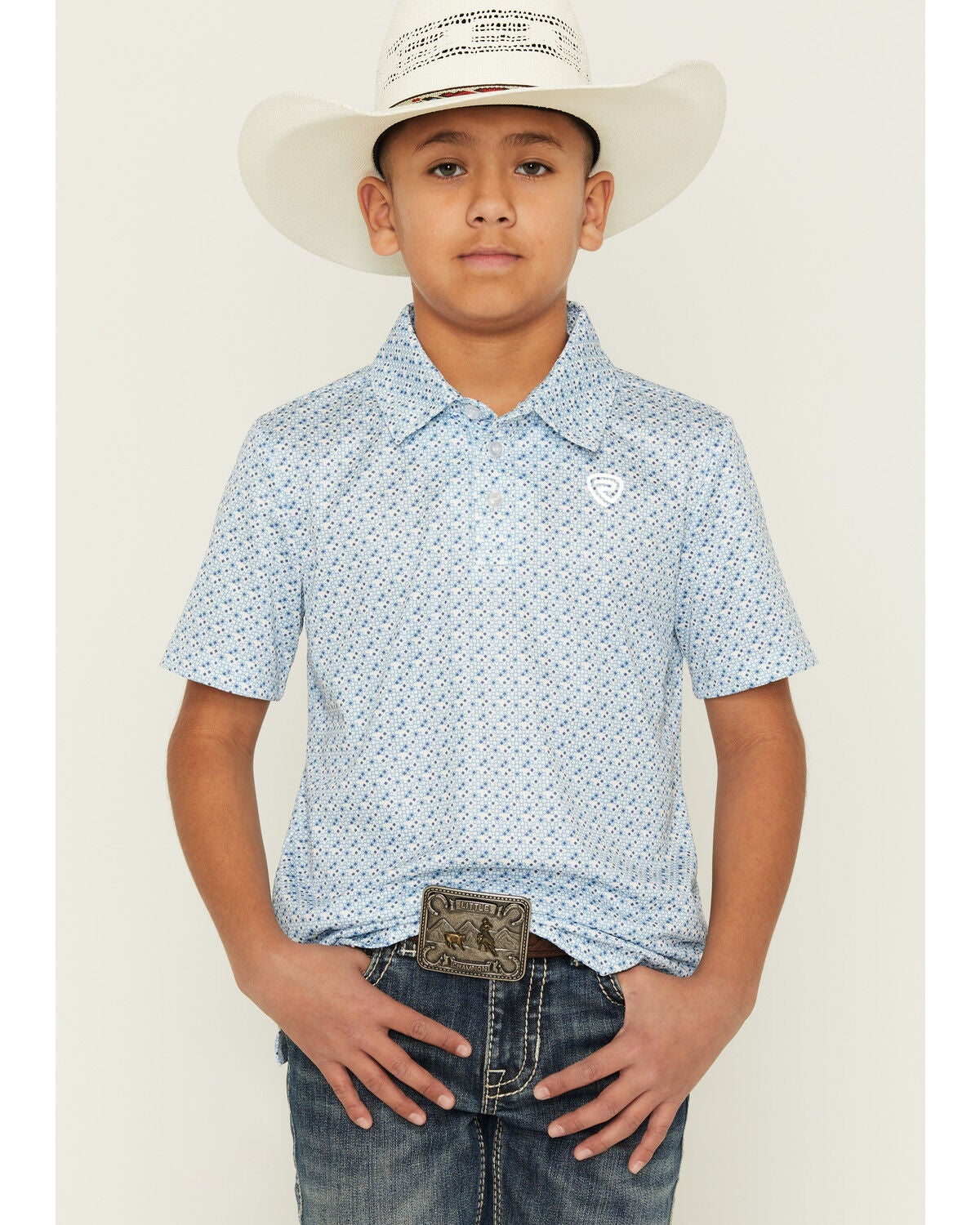 Rock & Roll Denim Boys' Geo Print Short Sleeve Button-Down Polo, Blue, hi-res
